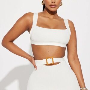 White Crop Top and Skirt Set with Gold Buckle